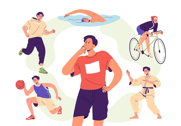 Vecteur choisissez le sport, l'activité physique pour le concept de santé. l'homme réfléchit et choisit parmi différentes options d'entraînement, le jogging, la natation, le vélo. illustrations vectorielles graphiques plates isolées sur fond blanc.