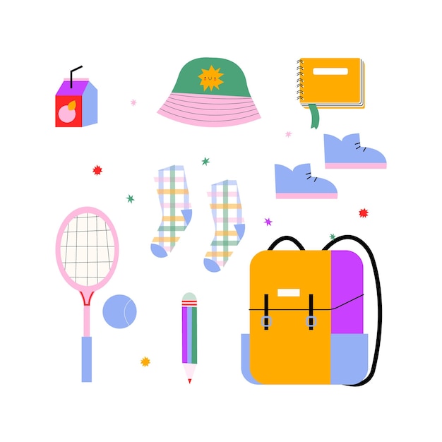 Vecteur des choses d'adolescents isolés sur un bloc-notes blanc, du jus de tennis, un crayon, un sac à dos, des baskets, un chapeau de panama et