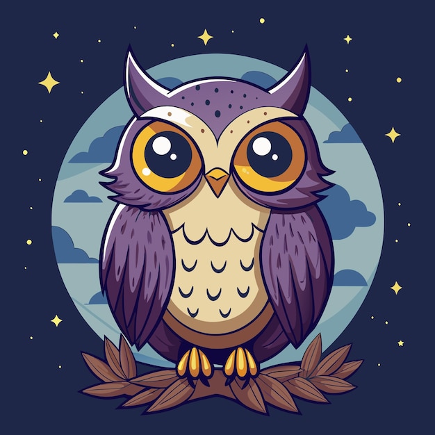 Une chouette adorable avec un fond au clair de lune Image de dessin animé