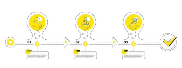 Chronologie avec ampoules et icônes de lampe, diagramme de parcours du processus de projet d'entreprise. Vecteur