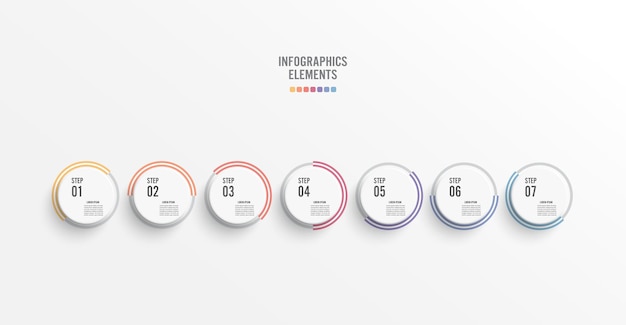 Chronologie du modèle infographie colorée horizontale numérotée pour sept positions Le concept d'entreprise avec 7 options peut être utilisé pour le diagramme de la zone de conception Web du diagramme de bannière de flux de travail