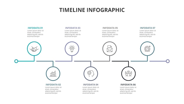 Chronologie Fine Avec 7 éléments De Cercle Connectés. Modèle De Conception Infographique De Processus.