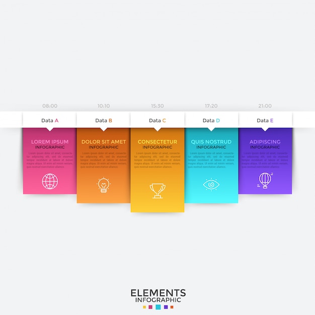 Chronologie Horizontale Avec Cinq éléments. Cinq Rectangles Colorés Avec Des Pictogrammes De Lignes Fines, Place Pour Le Texte Et L'indication De L'heure Disposés En Ligne. Modèle De Conception Infographique.