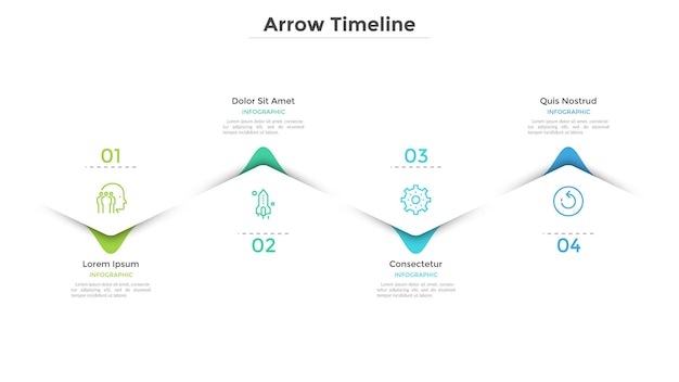 Chronologie horizontale en zigzag avec quatre flèches ou pointeurs colorés décalés. Concept de 4 jalons du développement de l'entreprise. Modèle de conception infographique plat. Illustration vectorielle pour la présentation.