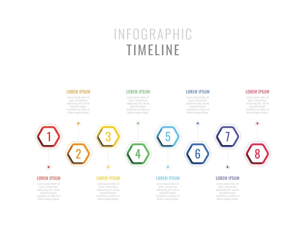 chronologie infographique en huit étapes avec éléments hexagonaux. modèle de processus métier avec options