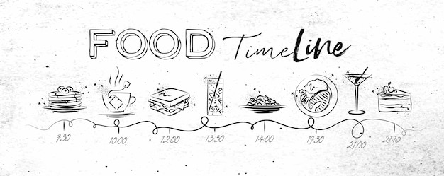 Chronologie Sur Le Thème De La Nourriture Illustrée Temps Des Icônes De Repas Et De Nourriture Dessinant Sur Fond De Papier Sale