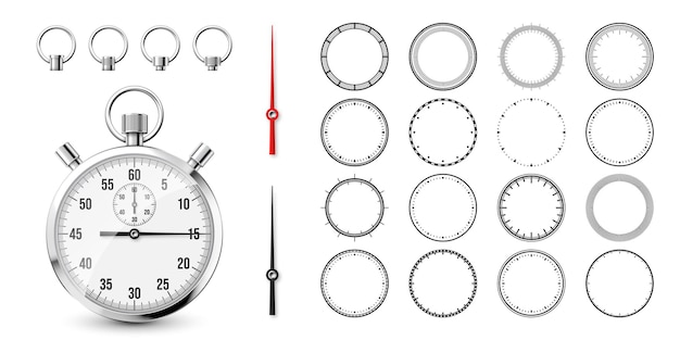 Vecteur chronomètre classique avec des cadrans d'horloge chronomètre métallique brillant compteur de temps avec chronomètre de compte à rebours