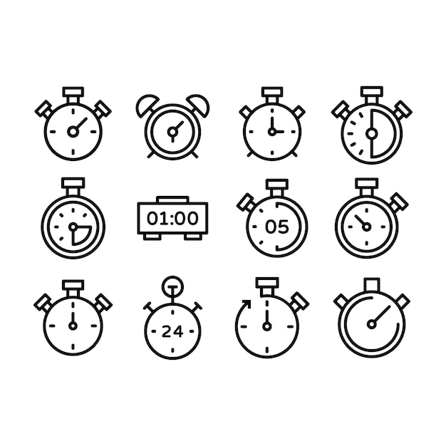 Chronomètre et icônes de ligne d'horloge numérique
