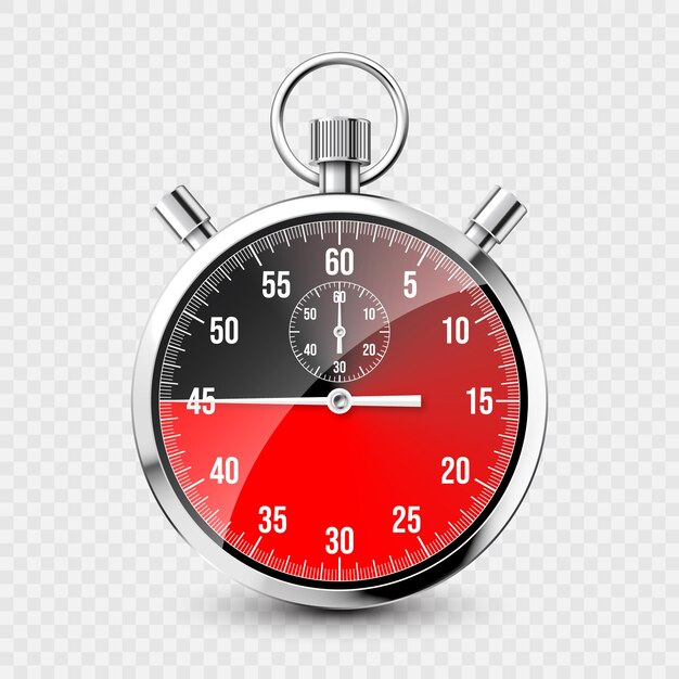 Vecteur chronomètre en métal brillant réaliste classique compteur de temps avec cadran rouge compte à rebours