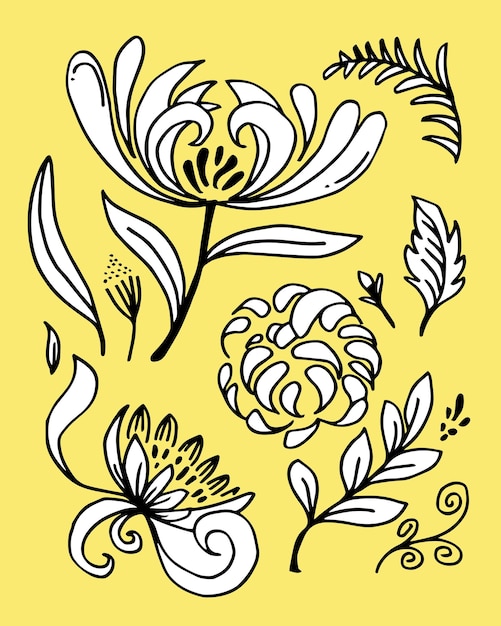 Chrysanthèmes de fleurs dessinées à la main et illustration vectorielle de feuilles tropicales