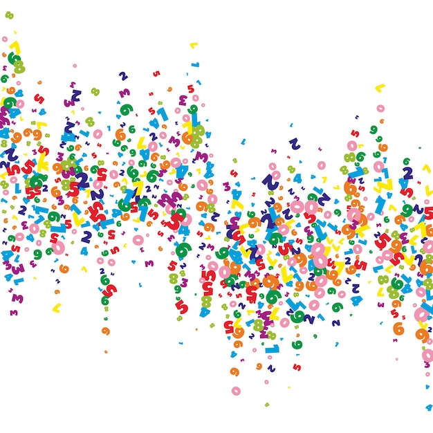 Vecteur chute de chiffres éclatants. concept d'étude de mathématiques avec des chiffres volants. bannière de mathématiques de retour à l'école resplendissante sur fond blanc. chiffres en baisse illustration vectorielle.