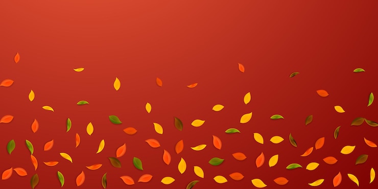 Vecteur chute des feuilles d'automne. feuilles aléatoires rouges, jaunes, vertes, brunes volantes. feuillage coloré de pluie tombante sur fond rouge attrayant. charmante vente de rentrée.