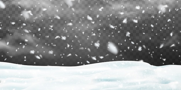 Vecteur chute de noël brillant transparent belle, brille de neige avec des congères isolées sur fond transparent. flocons de neige, fond de neige. fortes chutes de neige, flocons de neige de différentes formes et formes.