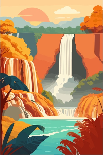 Les Chutes D'iguazu Du Brésil En été Avec Des Couleurs Chaudes Illustration Plate