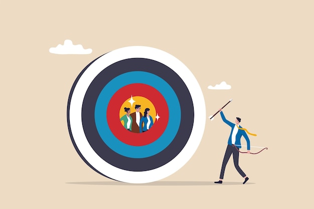 Cibler le client ou le public cible pour viser la publicité groupe sélectionné pour optimiser les annonces ou les RH choisir des candidats ciblés concept businessman marketer archer viser les clients dans la cible bullseye