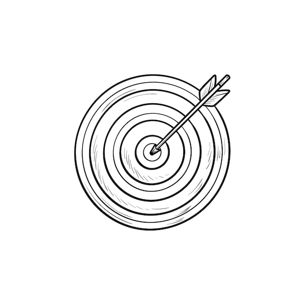 Cibler avec l'icône de doodle de contour dessiné à la main de flèche. Succès et stratégie, jeu de fléchettes, précision et concept gagnant