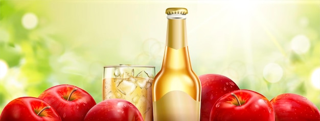 Vecteur cidre de pomme aux fruits frais, boisson rafraîchissante sur fond de bokeh en illustration 3d