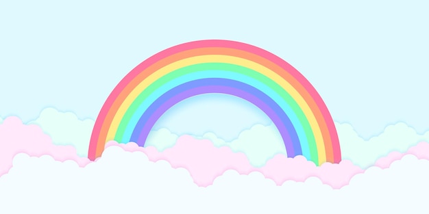 Ciel bleu avec arc-en-ciel et nuage coloré, style art papier