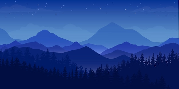 Vecteur ciel étoilé de nuit avec fond de montagnes et d'arbres