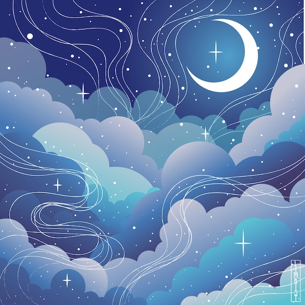 Vecteur ciel nocturne, lune parmi les nuages, étoiles dans le ciel