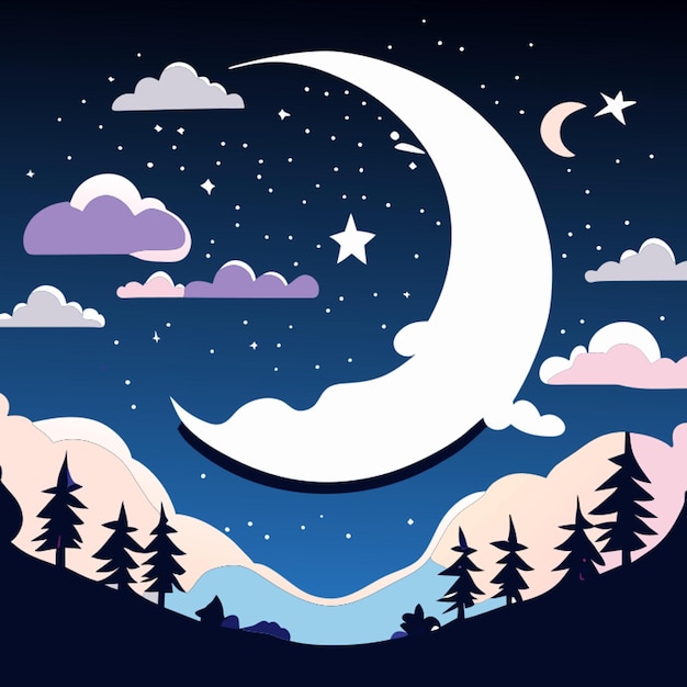 Vecteur ciel nocturne paisible avec des étoiles nuages moelleux et une illustration vectorielle de croissant de lune à plat