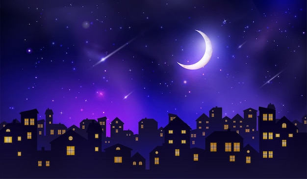 Vecteur ciel nocturne de la ville lune et étoiles brillantes silhouettes maisons vue sur la ville bâtiments avec des lumières dans les fenêtres soirée vieux toit paysage urbain effrayant dessin animé vectoriel magique de minuit arrière-plan exact