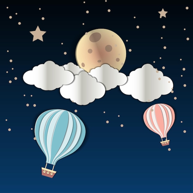 Vecteur ciel de nuit avec des nuages avec la lune et des ballons carte postale de style papercut