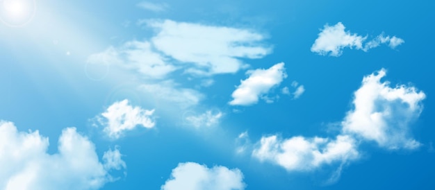 Ciel réaliste avec des nuages. Rayons de soleil de nuages duveteux blancs de ciel bleu