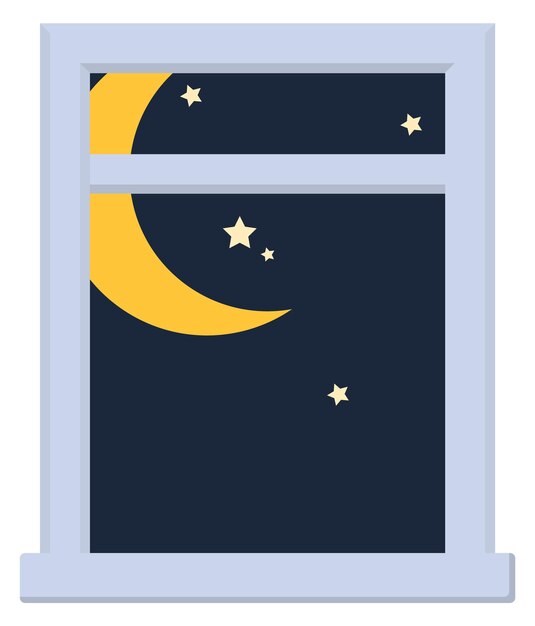 Ciel sombre avec lune et étoiles dans un cadre de fenêtre blanc Illustration vectorielle