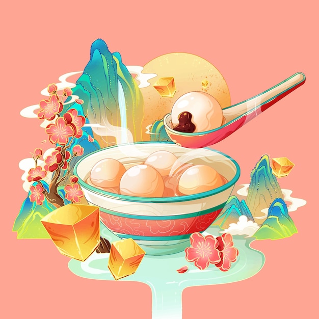 Vecteur le ciel de tangyuan avec des chutes d'eau, des nuages de montagne et des illustrations d'art en fleurs