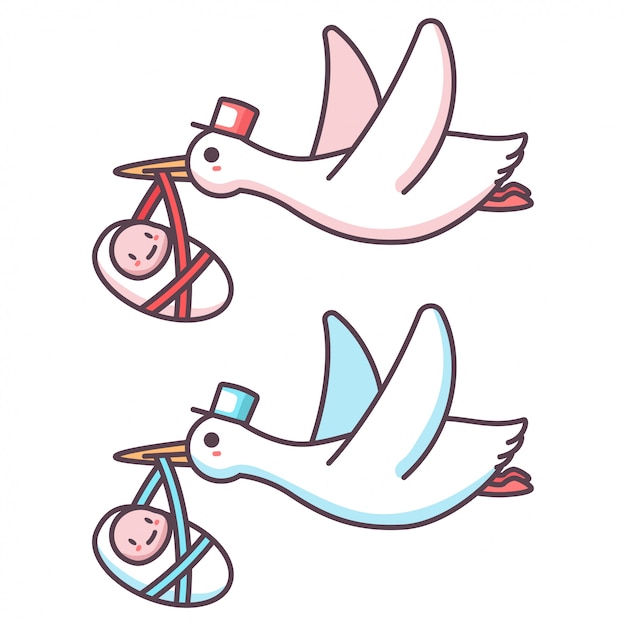 Cigogne De Dessin Animé Mignon Et Bébé Garçon Et Fille. Illustration D'un Oiseau Volant Portant Un Nouveau-né Isolé Sur Fond Blanc.