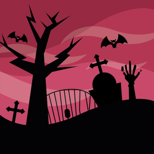 Vecteur cimetière d'halloween et arbre à la conception de nuit, thème effrayant