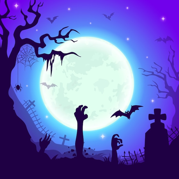 Cimetière De Nuit Avec Des Mains De Zombies, Fond D'halloween Du Cimetière Avec Des Tombes Croisées, Des Arbres Effrayants, Une Toile D'araignée Et Des Chauves-souris Sous Une énorme Pleine Lune Dans Un Ciel étoilé. Dessin Animé Halloween Paysage Fantasmagorique