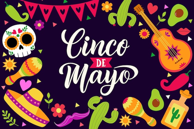 Cinco de Mayo 5 mai fête fédérale au Mexique Bannière de fête et dessin d'affiche avec sombrero de guitare
