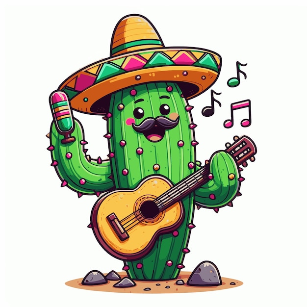 Cinco de Mayo Jam Cartoon Cactus Strumming Illustration de la guitare qui est jouée par un cactus
