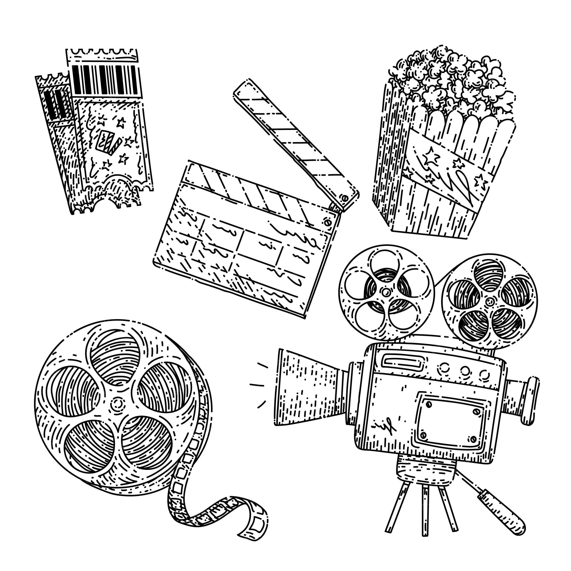 Cinéma Film Ensemble Croquis Vecteur Dessiné à La Main Vecteur Premium