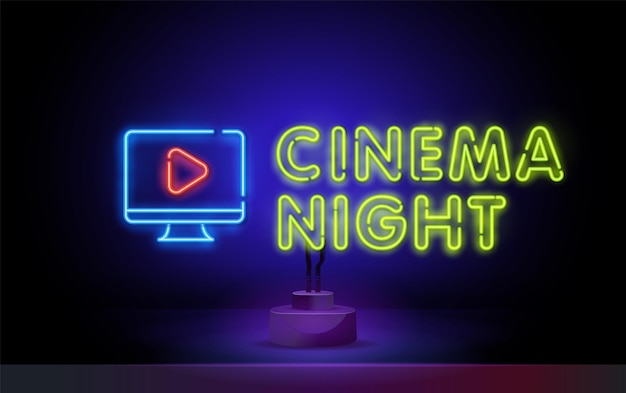 Cinéma nuit signe néon icône réaliste enseigne au néon cinéma bannière logo emblème et étiquette enseigne lumineuse...