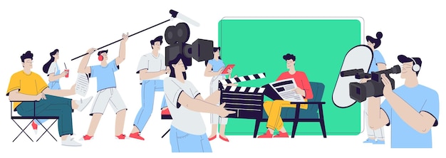 Vecteur cinéma et tournage de films avec des personnages, des acteurs et des opérateurs illustration vectorielle