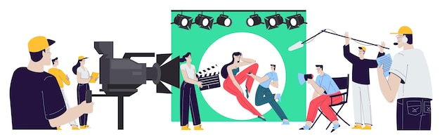 Vecteur cinéma et tournage de films avec des personnages, des acteurs et des opérateurs illustration vectorielle