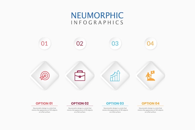 Vecteur cinq cercles néomorphisme illustration infographique avec 4 étapes