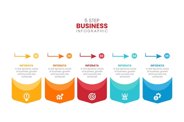 Cinq éléments graphiques colorés concept de modèle d'infographie d'affaires flèche avec 5 étapes successives