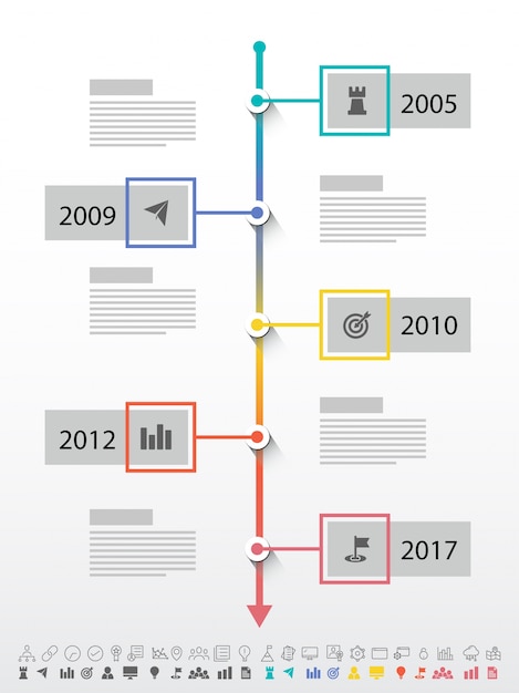 Cinq étapes, La Mise En Page D'infographies De La Chronologie Avec Les Icônes Définies, En Noir Et Blanc Et Des Versions Colorées.