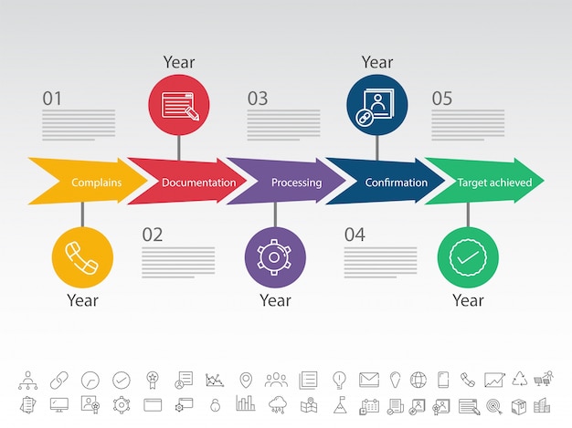 Cinq étapes, La Mise En Page Infographies De La Chronologie Avec Les Icônes Définies, En Version Noir Et Blanc.