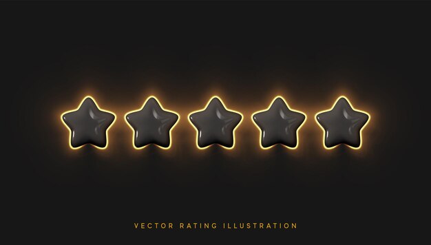 Cinq étoiles, Couleurs Noir Et Jaune Brillants. Concept De Rétroaction De L'évaluation Des Clients Par Le Client Sur L'employé Du Site Web. Conception 3d Réaliste De L'objet. Pour Les Applications Mobiles. Illustration Vectorielle