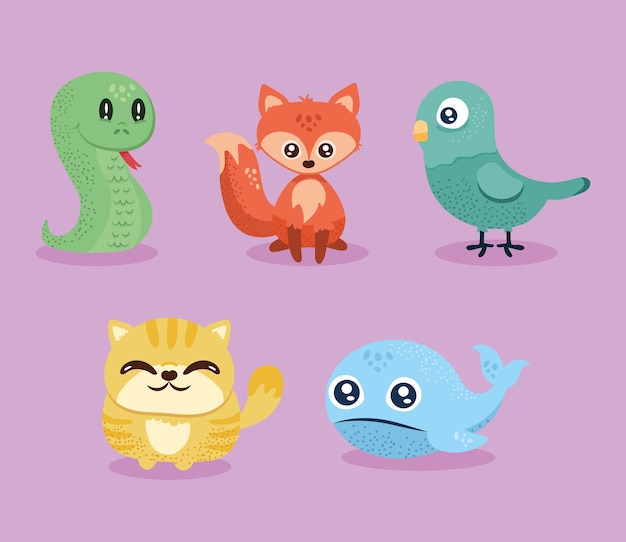 Cinq personnages d'animaux mignons