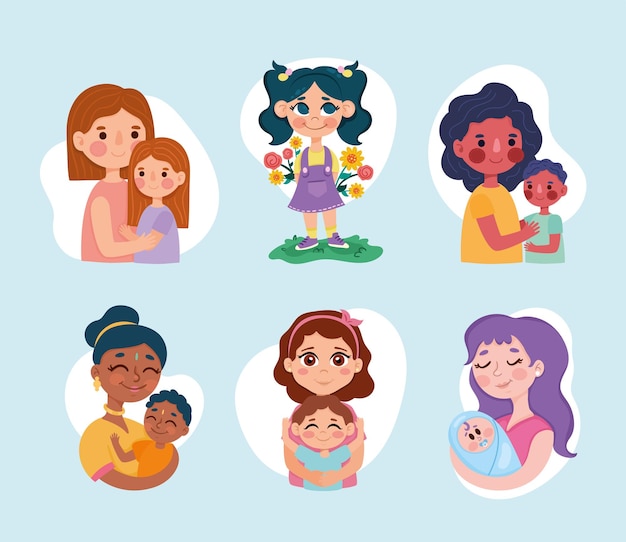 cinq personnages mères et enfants