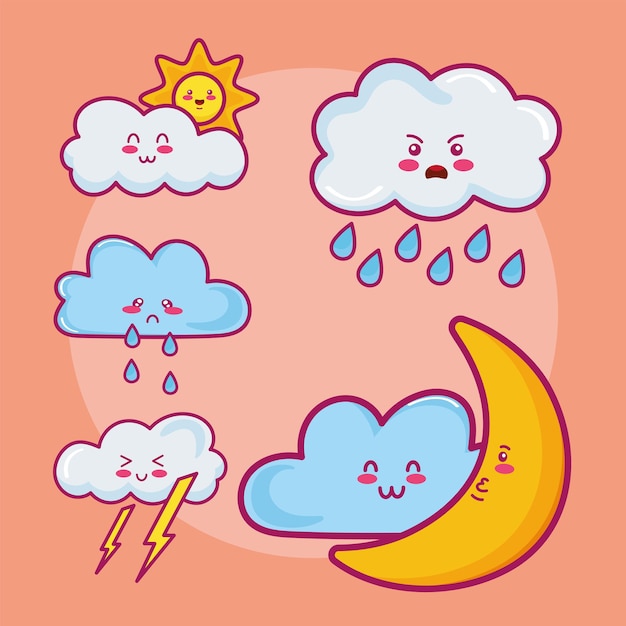 Cinq personnages de nuages kawaii