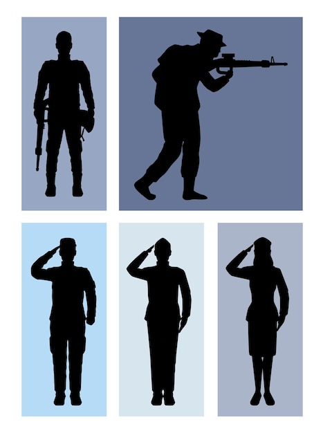 Cinq silhouettes d'escouade militaire