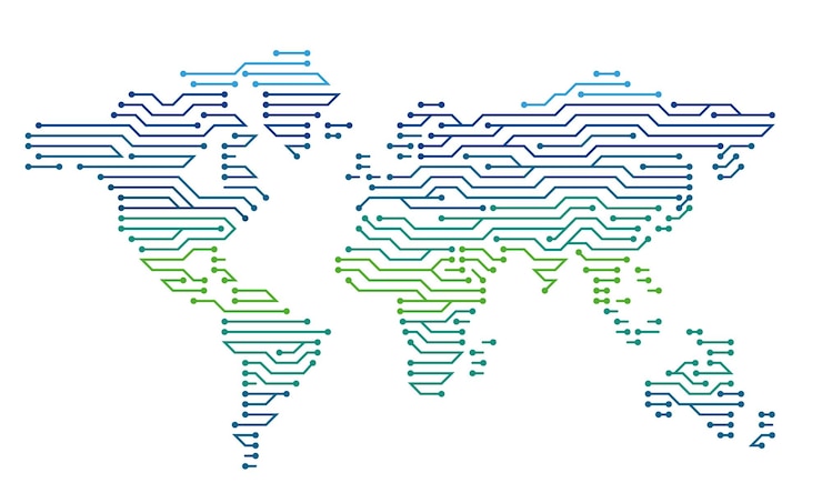 Vecteur circuit électronique couleur carte du monde