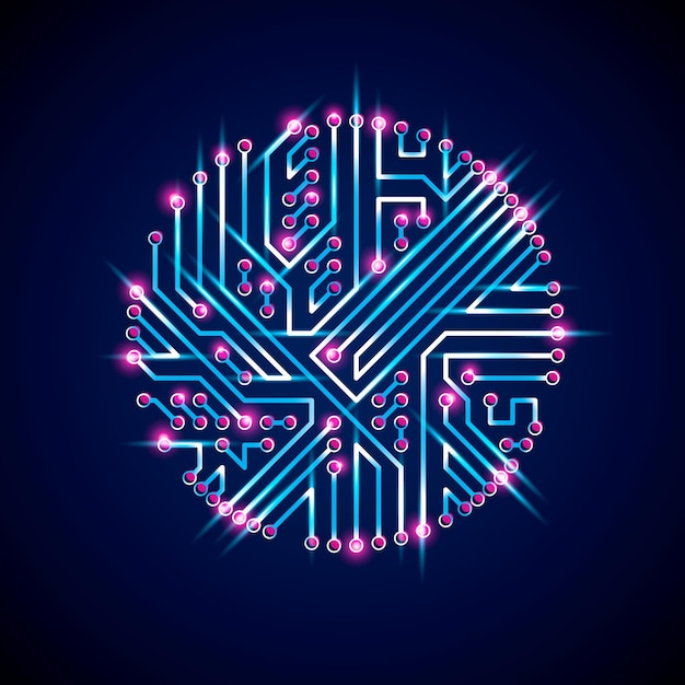 Circuit Imprimé Bleu Luminescent Rond Avec Composants électroniques De Dispositif Technologique. Abstraction De Vecteur Cybernétique De Carte Mère D'ordinateur Avec Effet Flash.